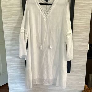Ashley Stewart white gauze lined peasant dress/swimwear cover-up with front tass